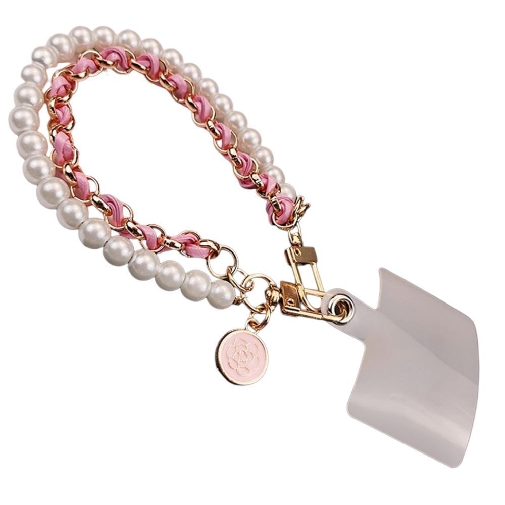 Camellia Pink Leather Pearl Mobile Phone Ring Anti-Theft Bracelet Lanyard - Picture 2 of 5